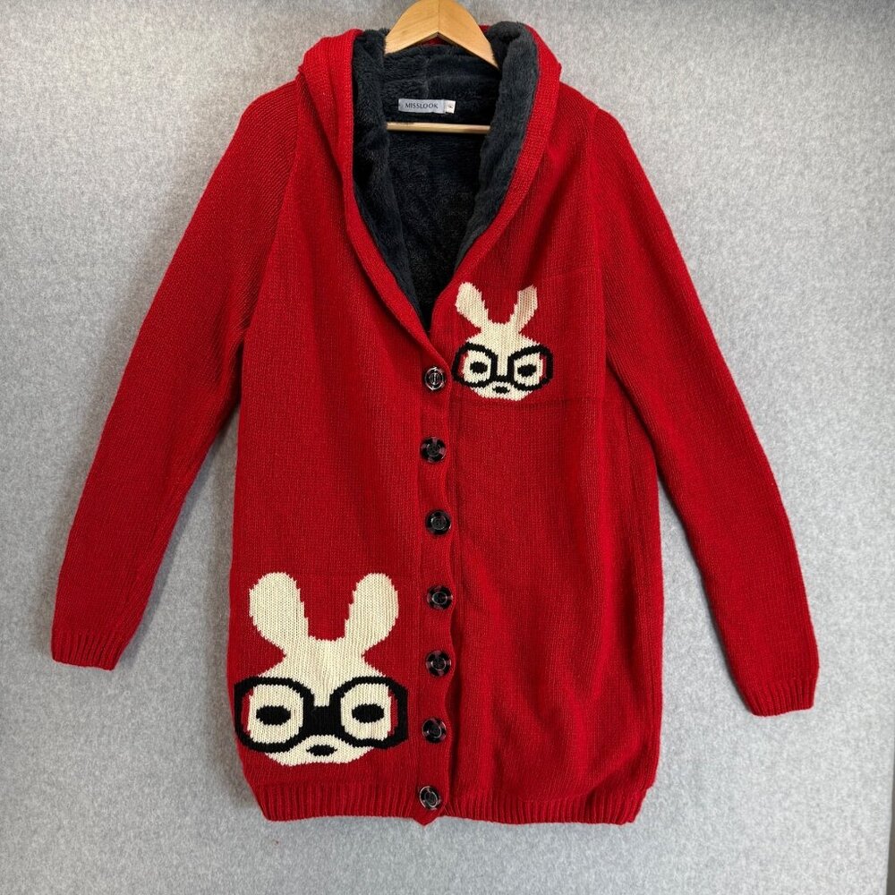 Misslook Red Hooded Cardigan Bunny Rabbit Glasses Faux Fur‎ Lining Size Large ?